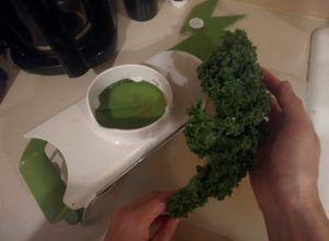 Kale held next to a white and green mandoline from Chef'n, sitting on a kitchen counter, coffee maker in upper left hand corner, sink next to piece of kale