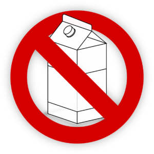 sketch of milk carton with red circle and cross out.